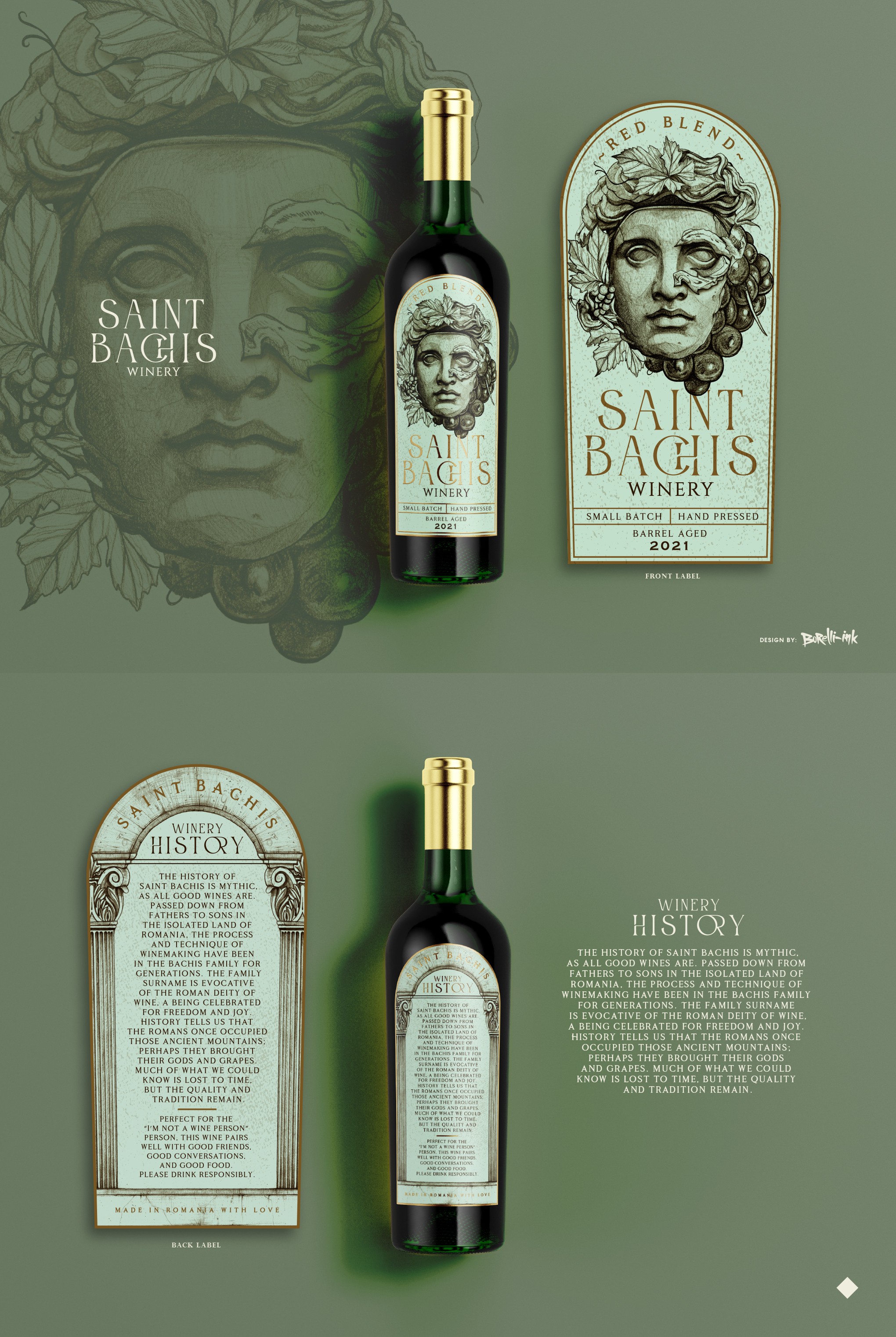 Classical-Inspired Roman Wine Label for Clean Family Brand