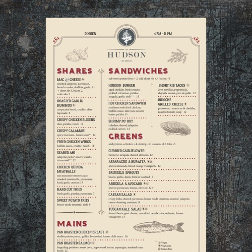 Casual, upscale restaurant menu