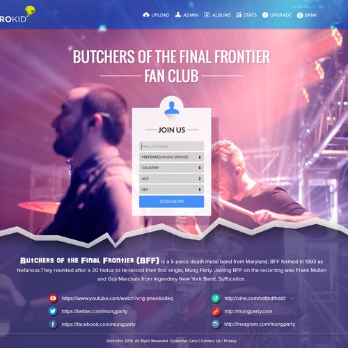 Landing page for a band's email newsletter