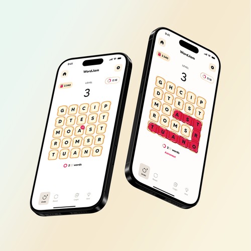 Design a minimalist mobile word search game with a "toasty" twist