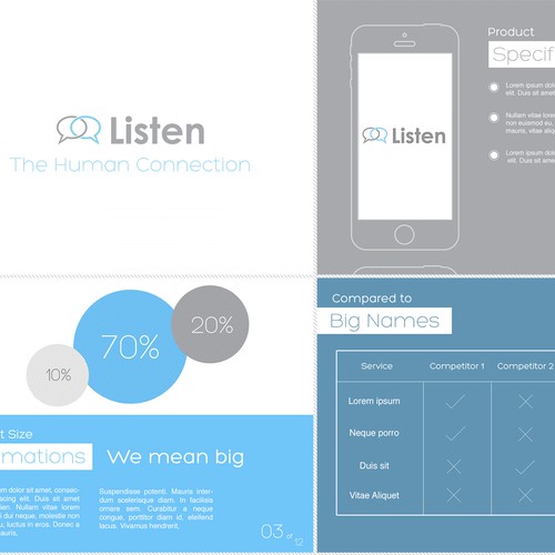 Create a sleek start-up pitch deck (Powerpoint) for a new innovative service called Listen