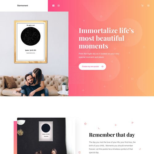 Clean, minimalist desktop landing page company that sells unique night posters