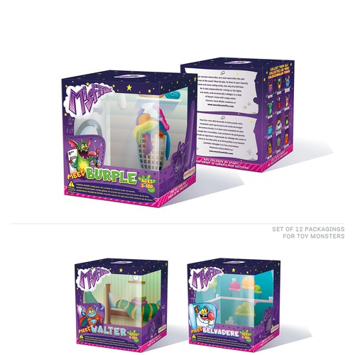 Set of 12 packagings for new Monster toys collection (with interiors).