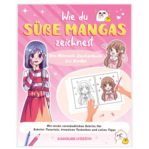 Design a cute cool cover for a manga drawing book for kids