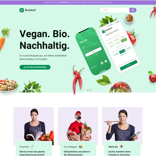 Landingpage (mobile/web) for our vegan cooking box. New fresh, modern, organic and catchy design needed.