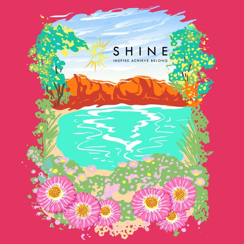 Vibrant West Australian land & sea scape t-shirt design for nonprofit supporting young women