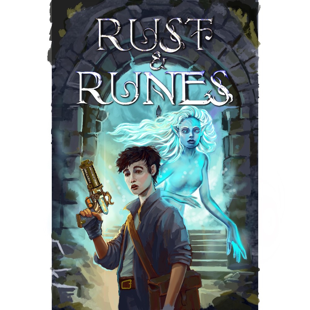 Design a book cover for a dark fantasy adventure with cozy elements