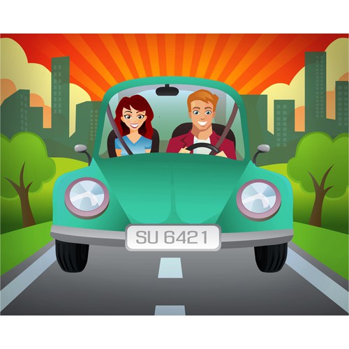 Create two illustrations depicting a couple driving in a car