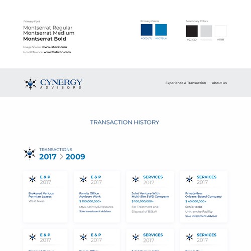 Investment banking for Energy Industry (Transaction History Page)