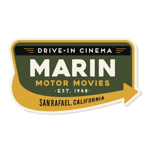 vintage sign design to be displayed at the entrance of a drive-in cinema for Marin motor movies