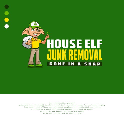 Bold eye catching Elf character logo for our eco friendly Junk Removal company"