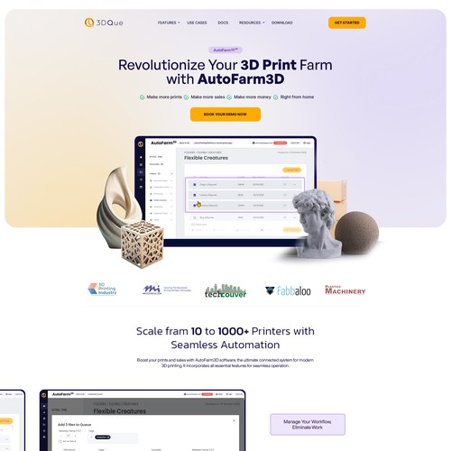 Dynamic landing page for revolutionary 3D print farm automation software