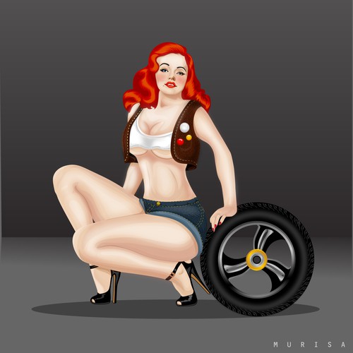 Kneeling pin-up girl for a motorcycle shop