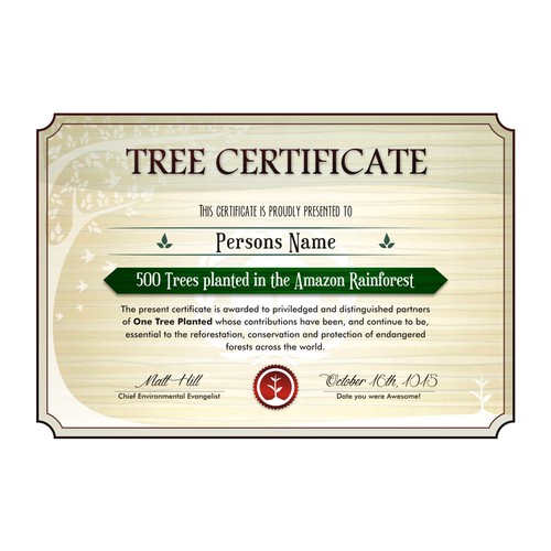 Certificate for One Tree Planted 