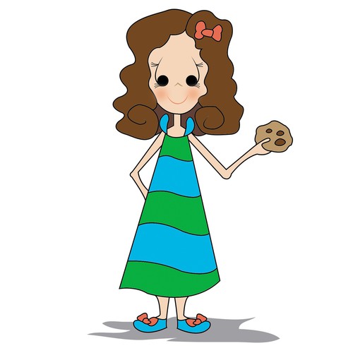 Create a cute, simple and stylish illustration of a girl holding a chocolate chip cookie.