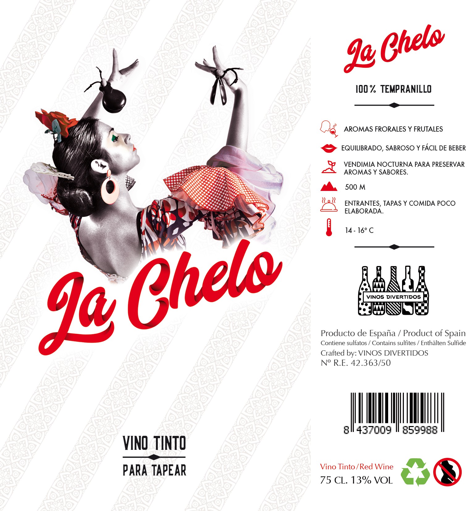 西班牙葡萄酒需要标签重新设计：“ La Chelo” +插图 +女性 +Flamenco