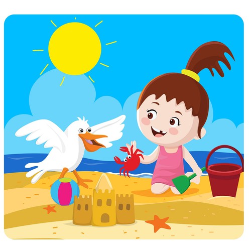 cute cartoon girl on sea beach 