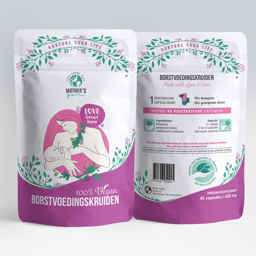 eye-catching stand up packaging for a dietary supplement for breastfeeding mothers