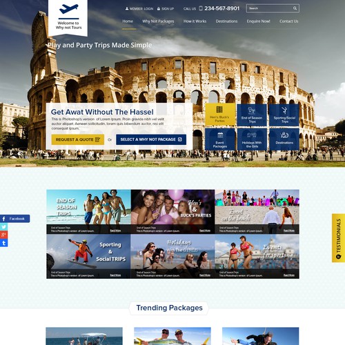 Create a party - happy themed homepage for Why Not Tours