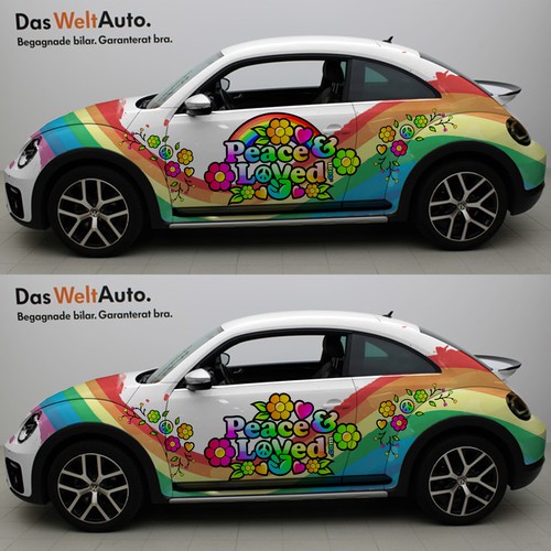 Logo Peace & Love .com applied on the car.
