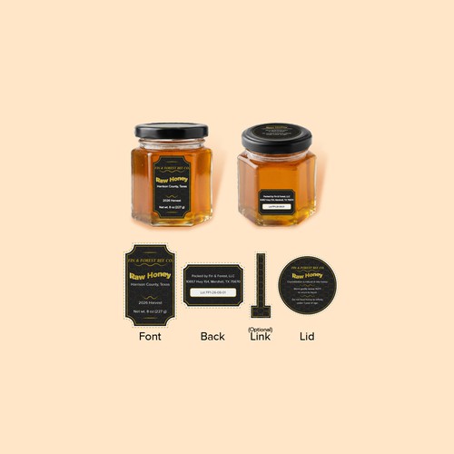 Modern black and gold level with dieline for hexagonal honey jar