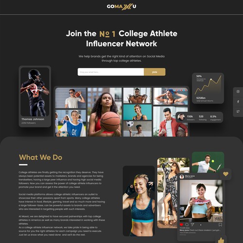 Bold Landing Page Design for a College Athlete Influencer Network website