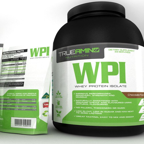 Create a logo and label for a new all natural whey protein supplement