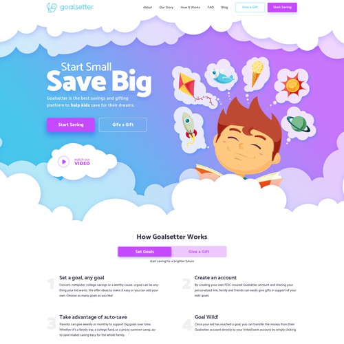Playful web design for a kids saving platform.
