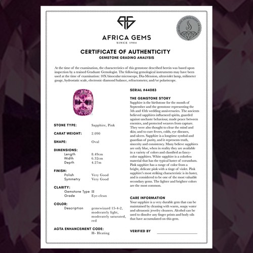 Certificate design for gemstone supplier
