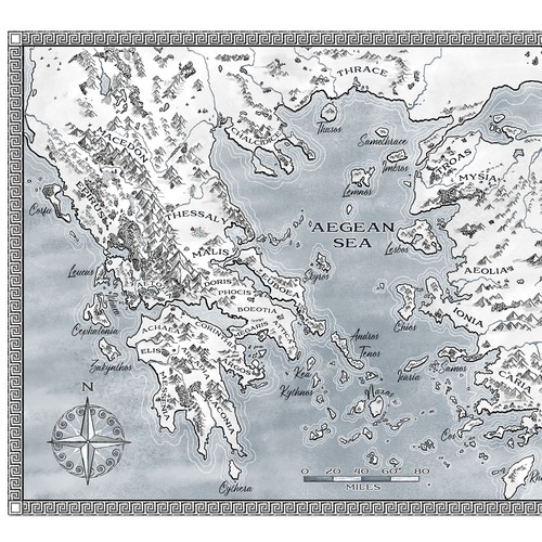 Black and white map for a self-published fantasy/adventure novel set in the Late Bronze Age