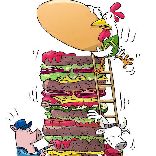 Cartoon Illustration - Farm Animals Building a Hamburger