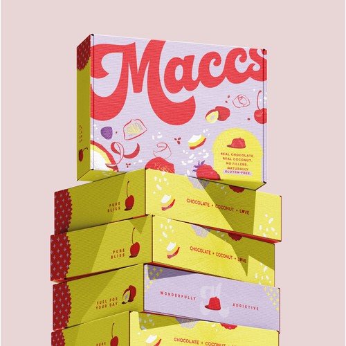 Illustrated retail packaging for a coconut-based chocolate treat 