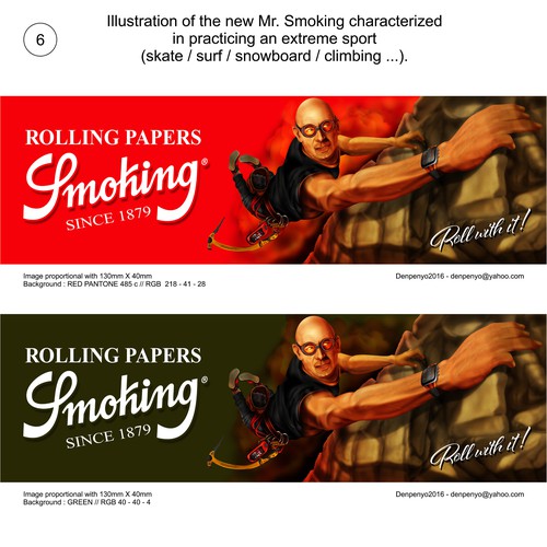 6. Illustration of the new Mr. Smoking charaterized in practicing an extreme sport. Skate, surf, snowboard, climbing.