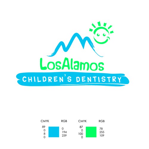 Create a fun, simple, modern logo for a pediatric dental clinic in a small town in the mountains