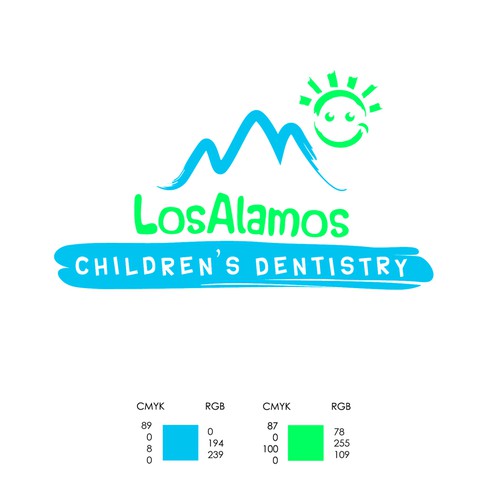 Create a fun, simple, modern logo for a pediatric dental clinic in a small town in the mountains