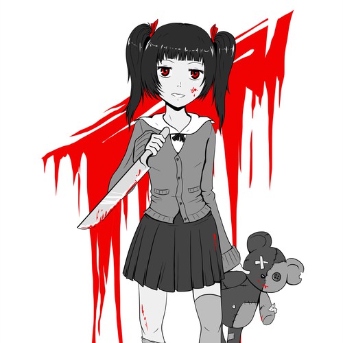 Graphic of Little japanese girl with bloody knife in one hand, a teddybear in the other
