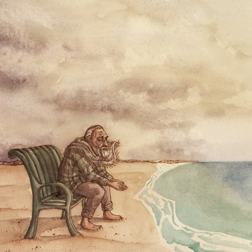 OLD MAN on a GREEN BENCH looking out at THE SEA