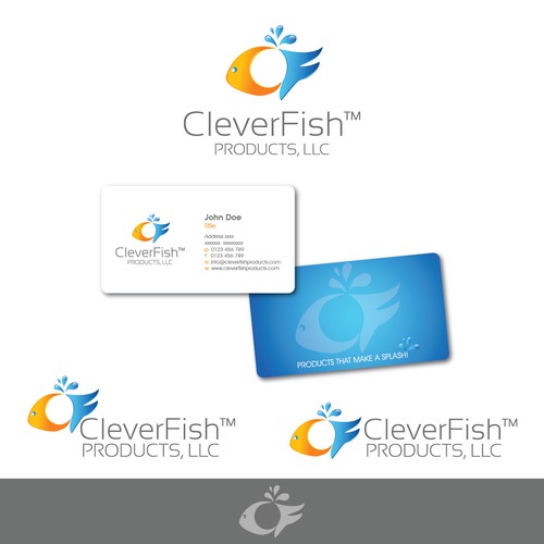 Create the next logo and business card for CleverFish™ Products, LLC