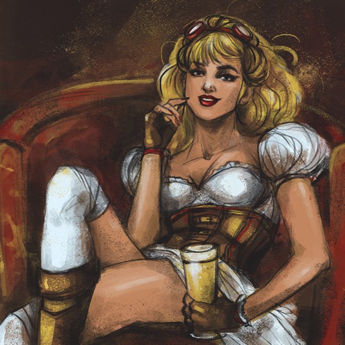 Steampunk pin-up-girl for beer label ( with a smile)