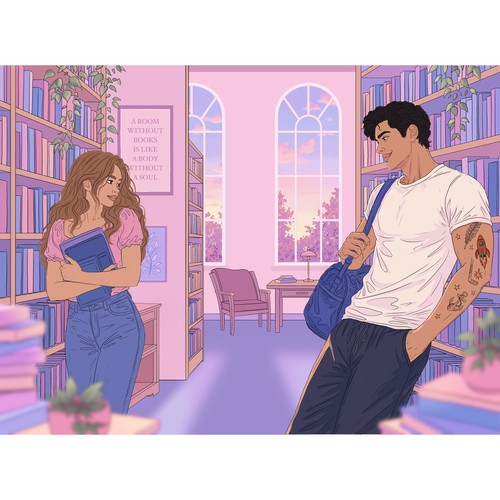 Romance Book Cover Illustration – Library Scene