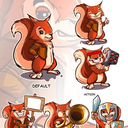 Create a cartoon red squirrel mascot for a PC game retailer