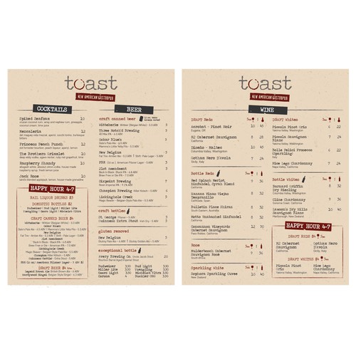 menu for pub