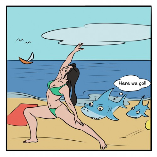 Funny comic, mom and baby shark eat a beachwoman