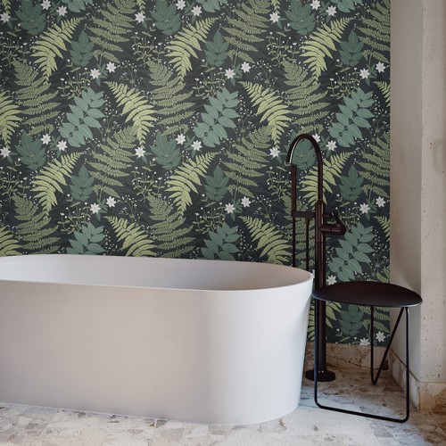 Bathroom wallpaper design with leaves & ferns