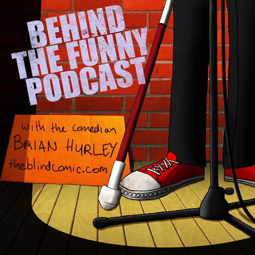 Design a gritty and funny iTunes cover art illustration for a podcast by a blind comedian