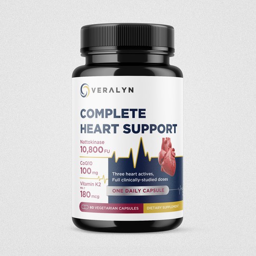 Veralyn - Premium heart-health supplement label - benefit-led design for a black bottle on Amazon