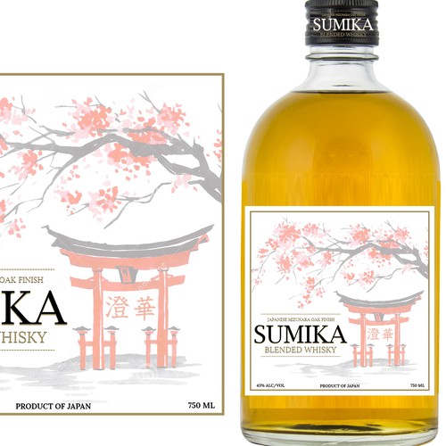 Japanese whisky bottle label in sumi-e style