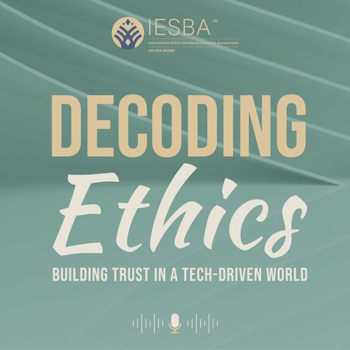 Bold, sleek podcast cover for "Decoding Ethics - building trust in a tech driven world"