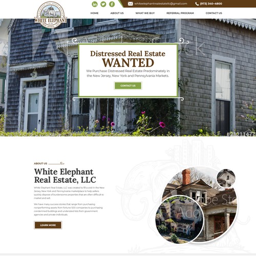 Website design for "White Elephant Real Estate, LLC" that purchase distressed real estate that sellers find a burden,