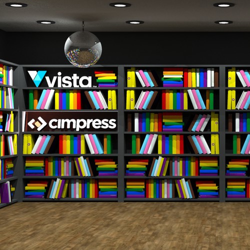 Zoom background featuring books in the colours and shapes of the Pride flag